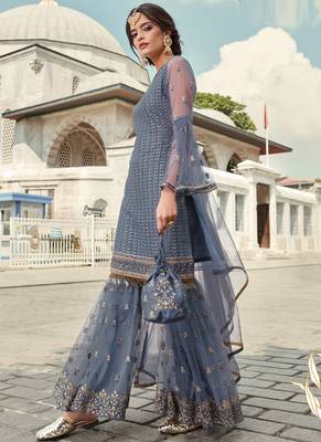 Sky Blue Embroidered Designer Gharara Suit 2