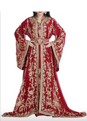 maroon embroidered georgette wedding moroccon farasha kaftan 5