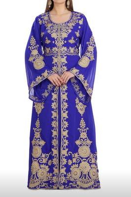 royal blue georgette moroccan islamic dubai kaftan farasha aari and stone work dress 1