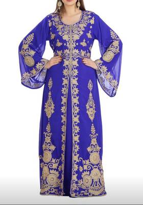 royal blue georgette moroccan islamic dubai kaftan farasha aari and stone work dress 2