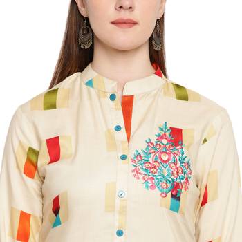 Beige embroidered rayon kurtas-and-kurtis 5