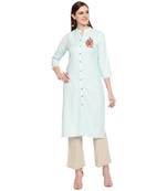 Turquoise embroidered rayon kurtas-and-kurtis