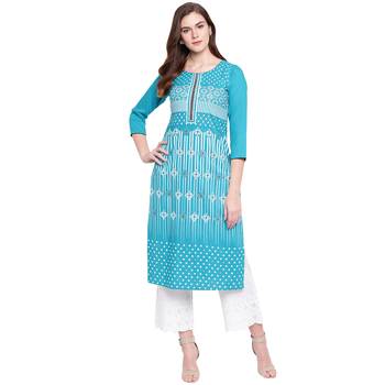 Turquoise printed rayon kurtas-and-kurtis 1