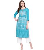 Turquoise printed rayon kurtas-and-kurtis