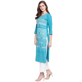 Turquoise printed rayon kurtas-and-kurtis 3