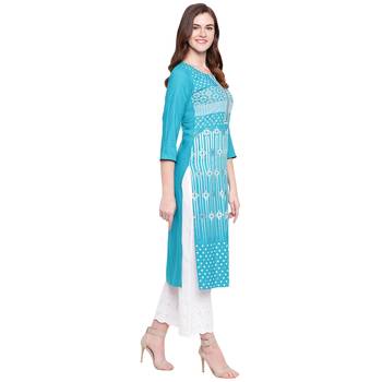 Turquoise printed rayon kurtas-and-kurtis 4