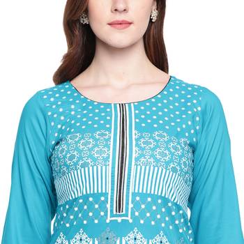 Turquoise printed rayon kurtas-and-kurtis 5