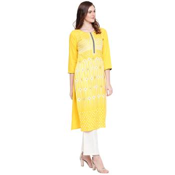 Yellow printed rayon kurtas-and-kurtis 3