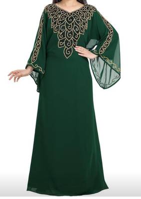 green georgette moroccan islamic dubai kaftan farasha zari and stone work dress 2