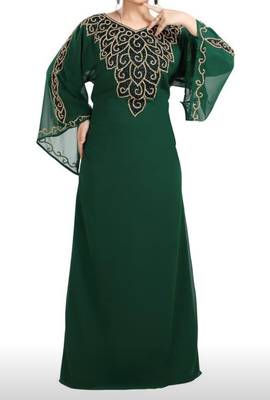 green georgette moroccan islamic dubai kaftan farasha zari and stone work dress 3
