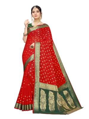 Red Woven Cotton Silk Saree With Blouse 1