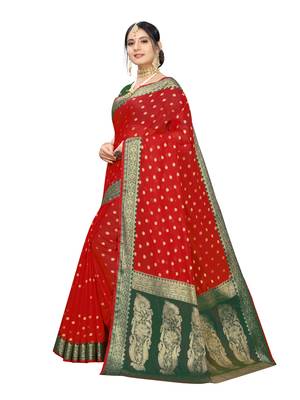 Red Woven Cotton Silk Saree With Blouse 2