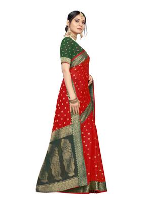 Red Woven Cotton Silk Saree With Blouse 3