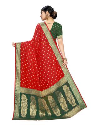 Red Woven Cotton Silk Saree With Blouse 4