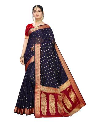 Navy blue woven cotton silk saree with blouse 1