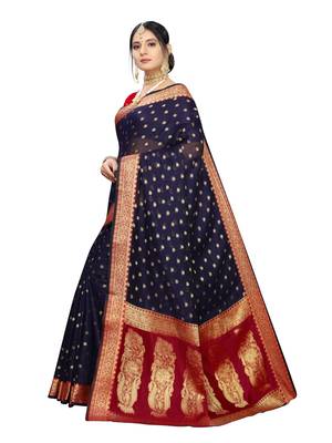 Navy blue woven cotton silk saree with blouse 2
