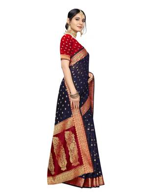 Navy blue woven cotton silk saree with blouse 3