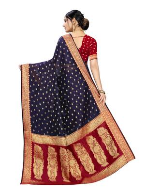 Navy blue woven cotton silk saree with blouse 4