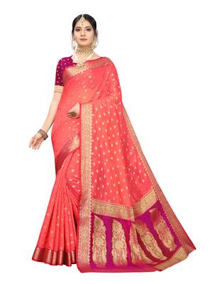 Peach woven cotton silk saree with blouse 1