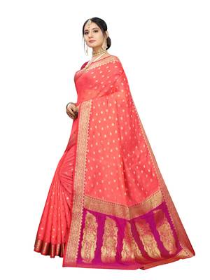 Peach woven cotton silk saree with blouse 2