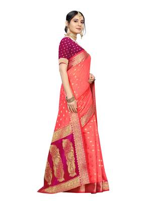 Peach woven cotton silk saree with blouse 3