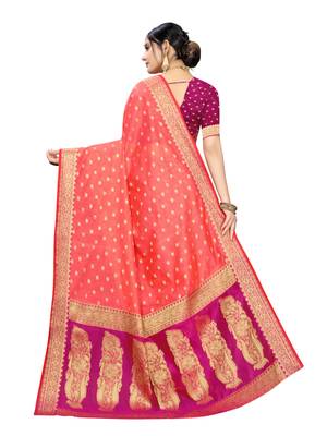 Peach woven cotton silk saree with blouse 4