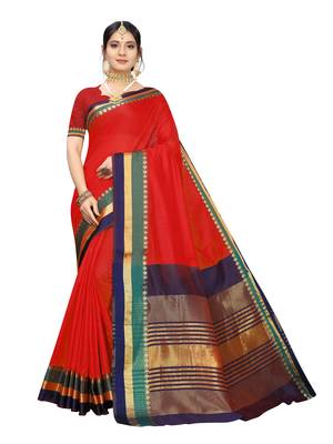 Red woven cotton silk saree with blouse 1