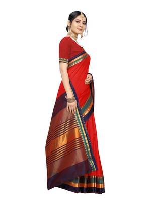 Red woven cotton silk saree with blouse 3