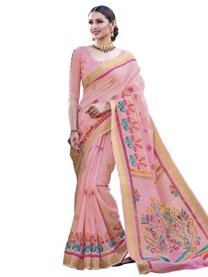Peach Printed Cotton Silk Saree With Blouse 1