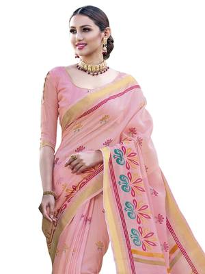Peach Printed Cotton Silk Saree With Blouse 2