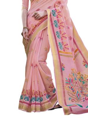 Peach Printed Cotton Silk Saree With Blouse 3