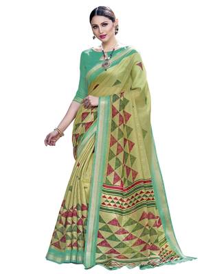 Green printed cotton silk saree with blouse 1