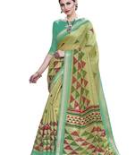 Green printed cotton silk saree with blouse