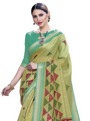 Green printed cotton silk saree with blouse 2
