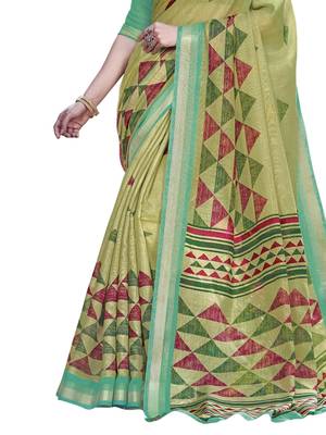 Green printed cotton silk saree with blouse 3