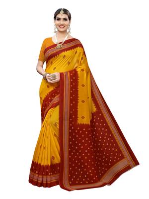 Yellow Printed Poly Silk Saree With Blouse 1