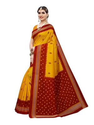 Yellow Printed Poly Silk Saree With Blouse 2