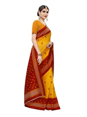 Yellow Printed Poly Silk Saree With Blouse 3