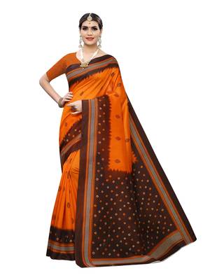 Orange Printed Poly Silk Saree With Blouse 1