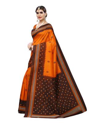 Orange Printed Poly Silk Saree With Blouse 2