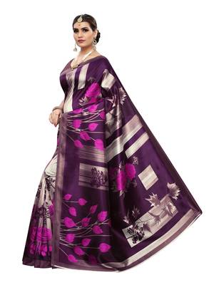 Purple Printed Poly Silk Saree With Blouse 2