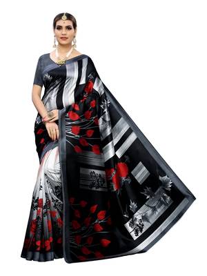 Black Printed Poly Silk Saree With Blouse 1