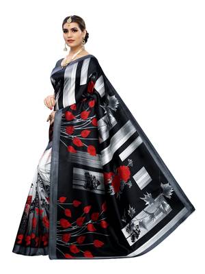 Black Printed Poly Silk Saree With Blouse 2