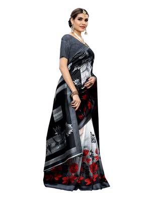 Black Printed Poly Silk Saree With Blouse 3