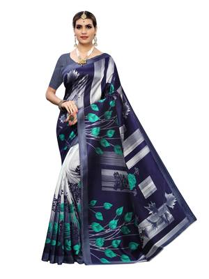 Navy Blue Printed Poly Silk Saree With Blouse 1
