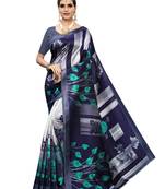 Navy Blue Printed Poly Silk Saree With Blouse