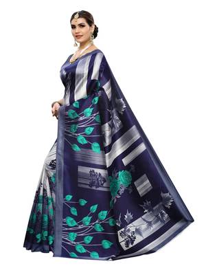 Navy Blue Printed Poly Silk Saree With Blouse 2