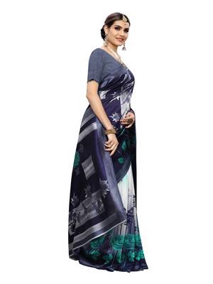 Navy Blue Printed Poly Silk Saree With Blouse 3