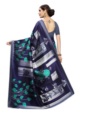Navy Blue Printed Poly Silk Saree With Blouse 4