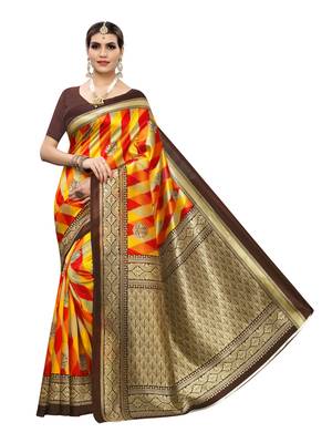 Beige Printed Poly Silk Saree With Blouse 1